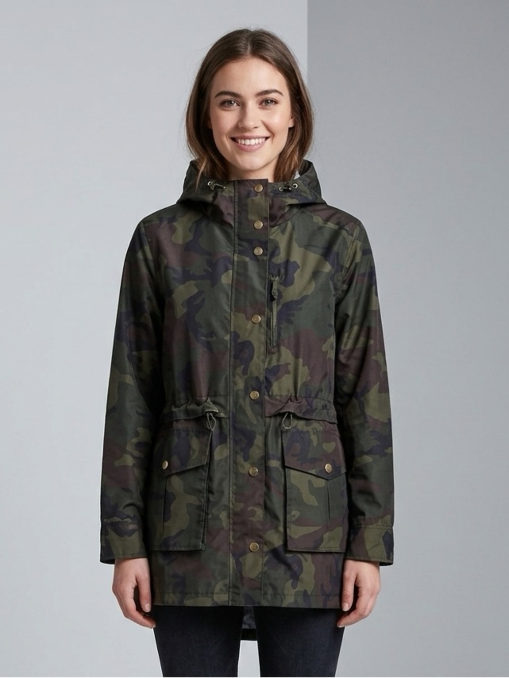 J. Crew Olive & Brown Camo Perfect Rain Jacket